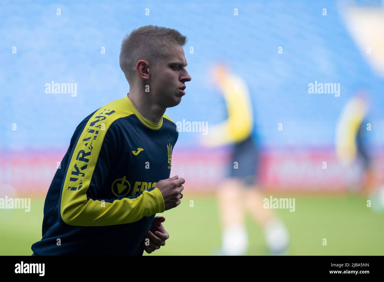 Cardiff, Wales, UK. 4th June, 2022. Oleksandr Zinchenko during Ukraine national football team training at the Cardiff City Stadium ahead of the FIFA World Cup play-off final match against Wales. Credit: Mark Hawkins/Alamy Live News Stock Photo