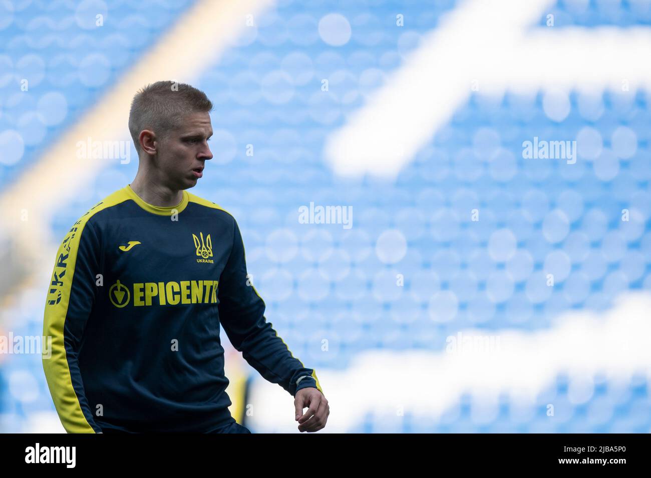 Cardiff, Wales, UK. 4th June, 2022. Oleksandr Zinchenko during Ukraine national football team training at the Cardiff City Stadium ahead of the FIFA World Cup play-off final match against Wales. Credit: Mark Hawkins/Alamy Live News Stock Photo