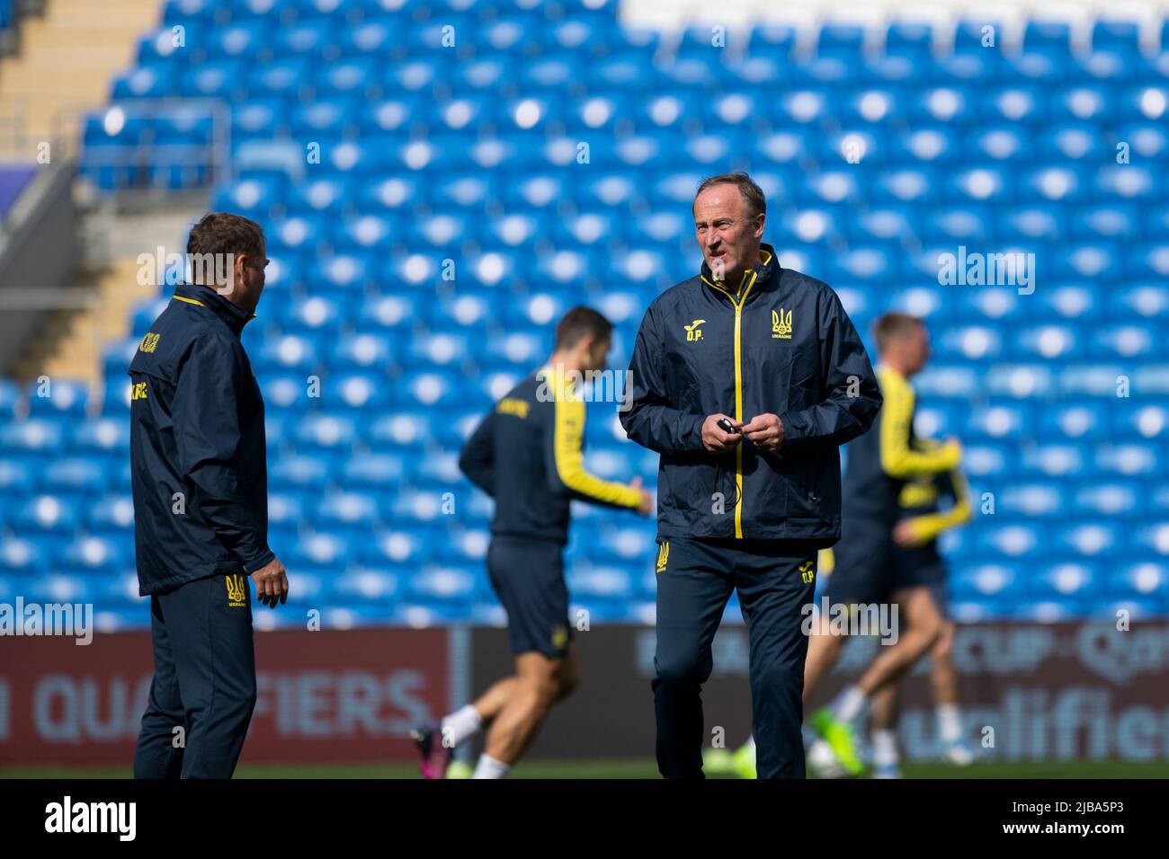 Cardiff, Wales, UK. 4th June, 2022. Head coach Oleksandr Petrakov during Ukraine national football team training at the Cardiff City Stadium ahead of the FIFA World Cup play-off final match against Wales. Credit: Mark Hawkins/Alamy Live News Stock Photo