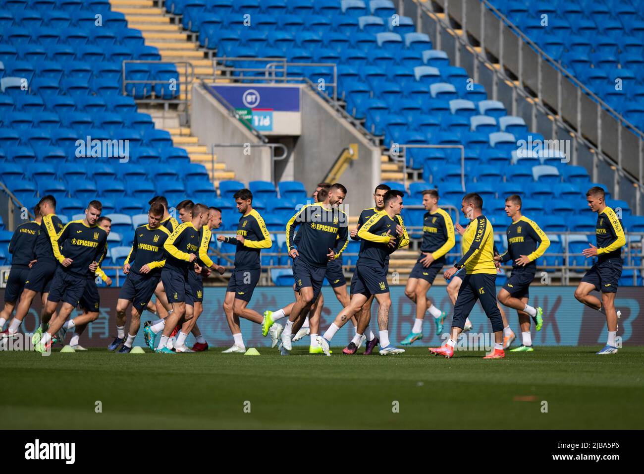 Cardiff, Wales, UK. 4th June, 2022. Ukraine national football team training at the Cardiff City Stadium ahead of the FIFA World Cup play-off final match against Wales. Credit: Mark Hawkins/Alamy Live News Stock Photo