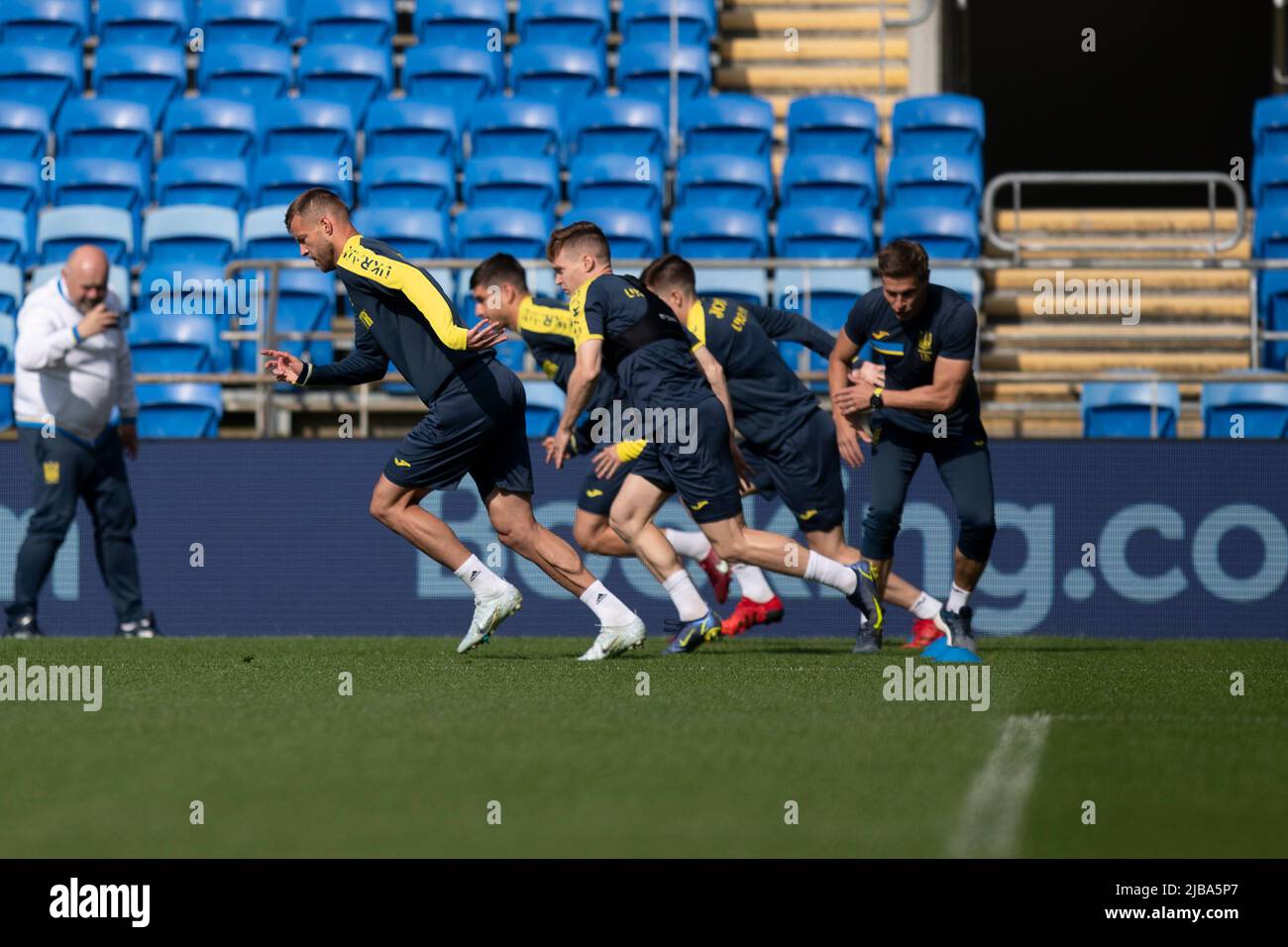 Cardiff, Wales, UK. 4th June, 2022. Ukraine national football team training at the Cardiff City Stadium ahead of the FIFA World Cup play-off final match against Wales. Credit: Mark Hawkins/Alamy Live News Stock Photo