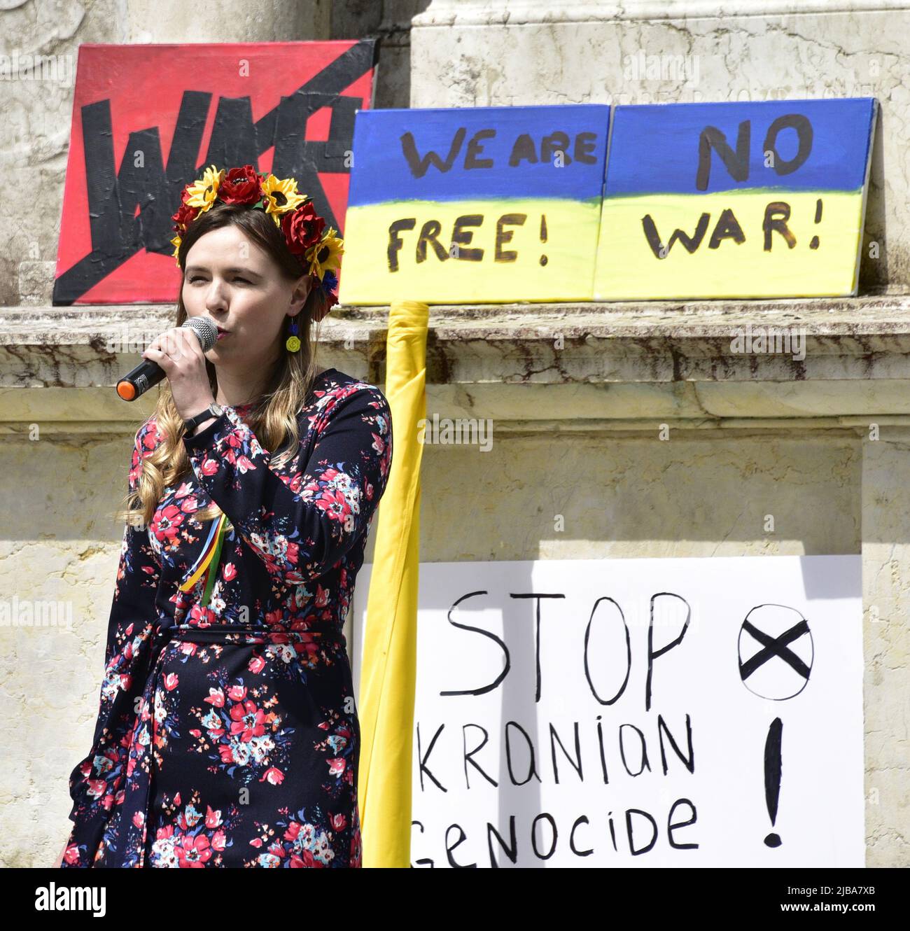 Manchester, UK, 4th June, 2022. “Stand with Ukraine” anti-war rally, a protest about the Russian invasion of Ukraine in Piccadilly Gardens, central Manchester, England, United Kingdom, British Isles. This is the sixteenth Saturday the protest has been held. The protests are organised by the Ukrainian Cultural Centre 'Dnipro' Manchester. Credit: Terry Waller/Alamy Live News Stock Photo