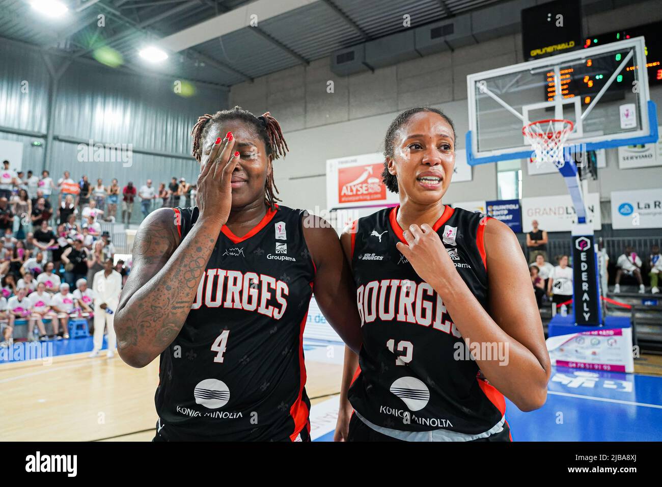 Lyon, France. 04th June, 2022. Isabelle Yacoubou (4 Bourges) and Iliana  Rupert (12 Bourges) celebrate after during the LFB Play-offs final third  match between Lyon and Bourges at Mado Bonnet Arena in