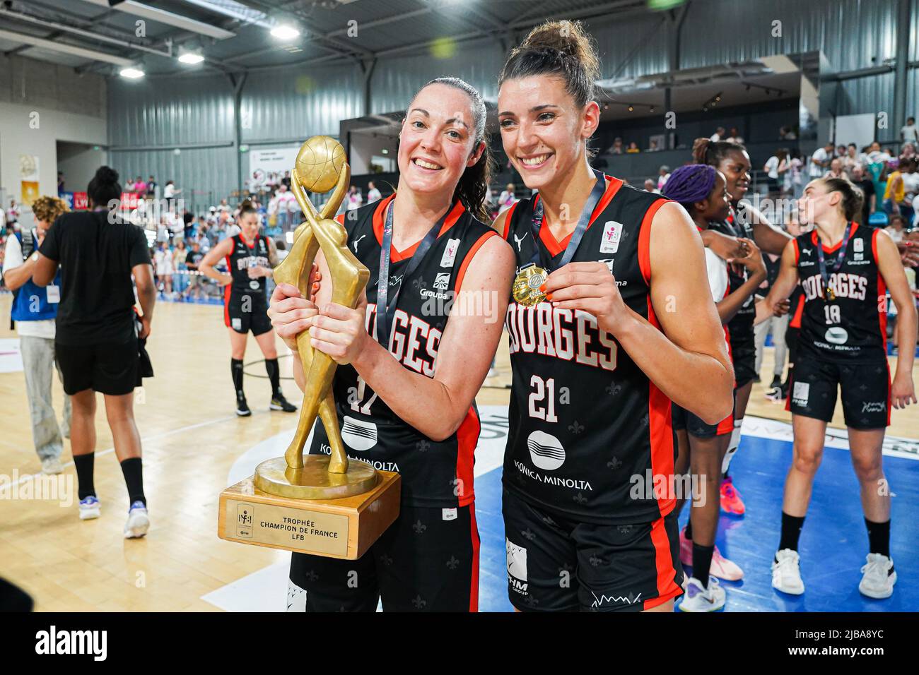 Lyon, France. 04th June, 2022. Sarah Michel (17 Bourges) and Laetitia Guapo (21 Bourges) with the champion trophy after the LFB Play-offs final third match between Lyon and Bourges at Mado Bonnet Arena in Lyon, France. Lyubomir Domozetski/SPP Credit: SPP Sport Press Photo. /Alamy Live News Stock Photo