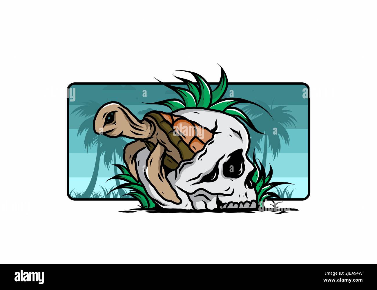 illustration design of the Sea turtle in the skull shape with several grass Stock Vector