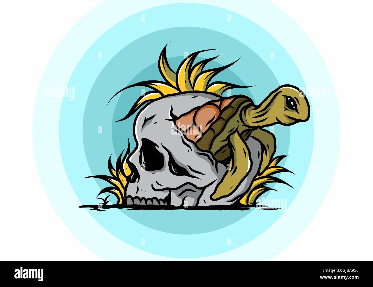 illustration design of the Sea turtle in the skull shape with several grass Stock Vector