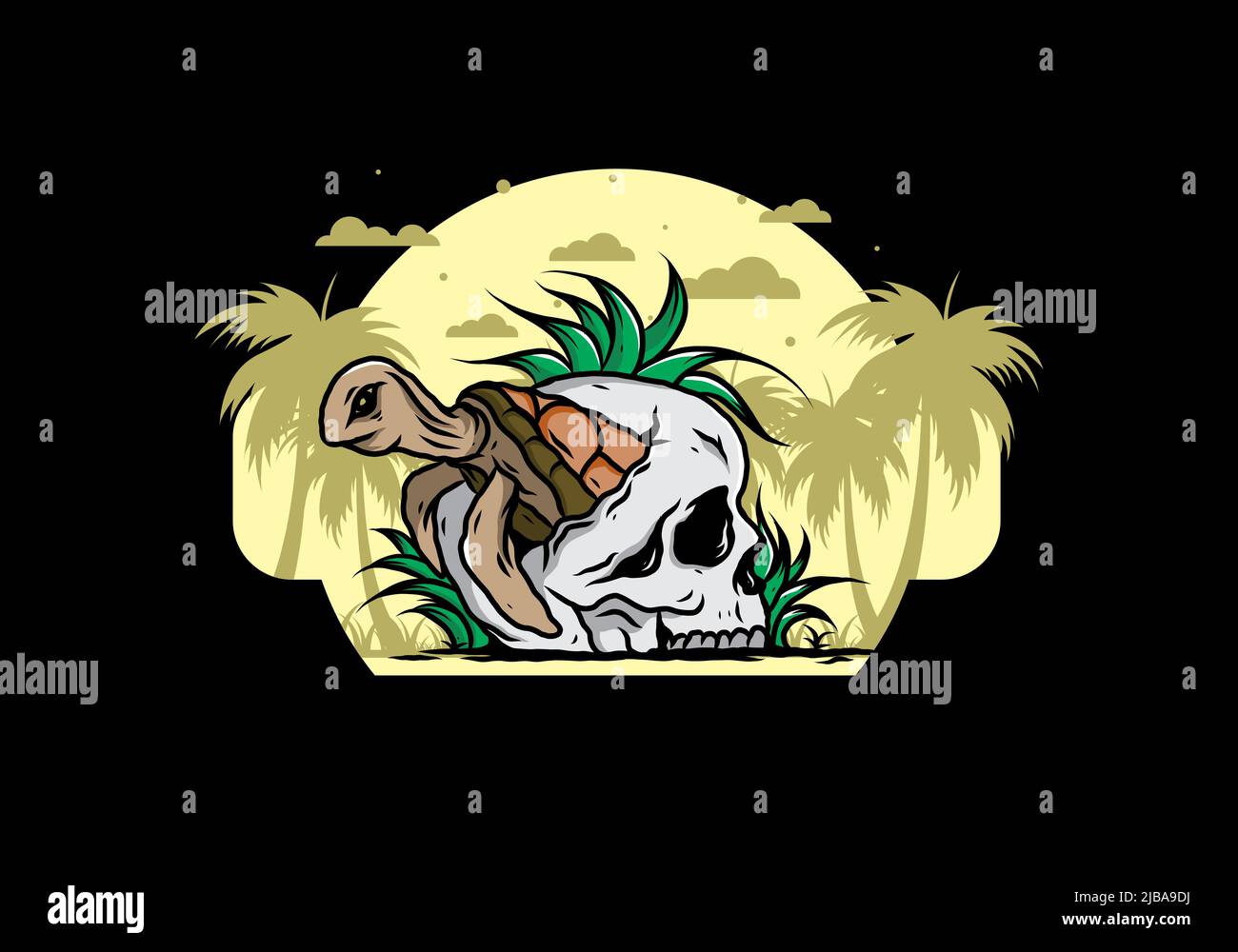 illustration design of the Sea turtle in the skull shape with several grass Stock Vector