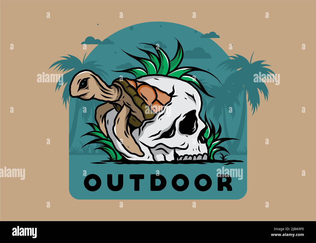 illustration design of the Sea turtle in the skull shape with several grass Stock Vector