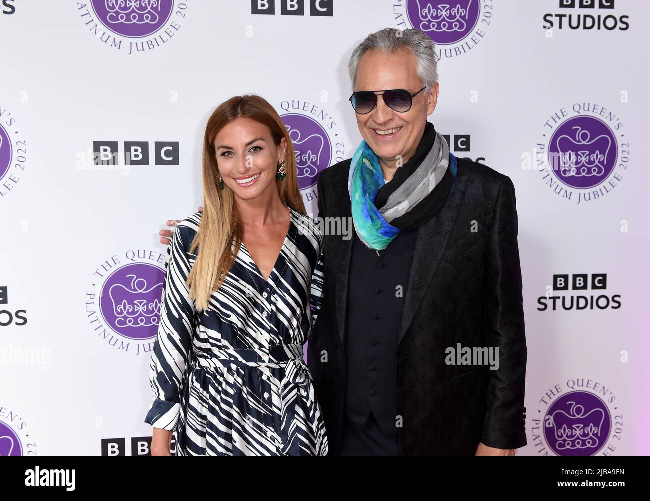 EDITORIAL USE ONLY Opera singer Andrea Bocelli with conductor Beatrice Venezi attends the BBC Platinum Party at Palace backstage press room, London, on day three of the Platinum Jubilee celebrations for Queen Elizabeth II. Picture date: Saturday June 4, 2022. Stock Photo