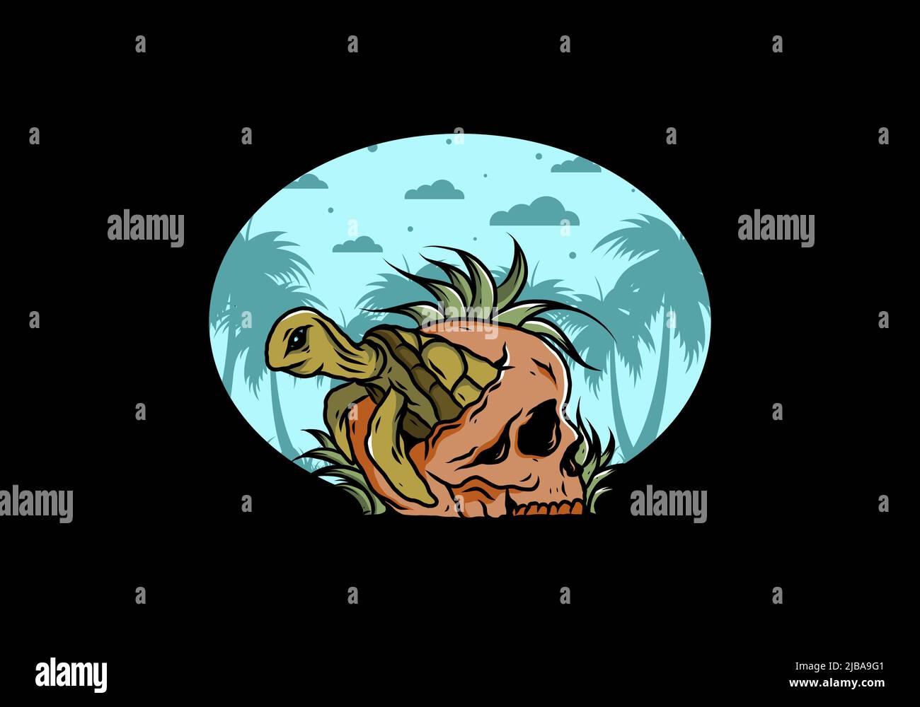 illustration design of the Sea turtle in the skull shape with several grass Stock Vector