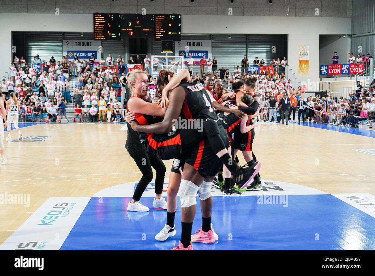 June 4, 2022, Lyon, France, France: Lyon, France, June 4th 2022: Elodie  Godin (33 Bourges) and Isabelle Yacoubou (4 Bourges)during the LFB  Play-offs final third match between Lyon and Bourges at Mado