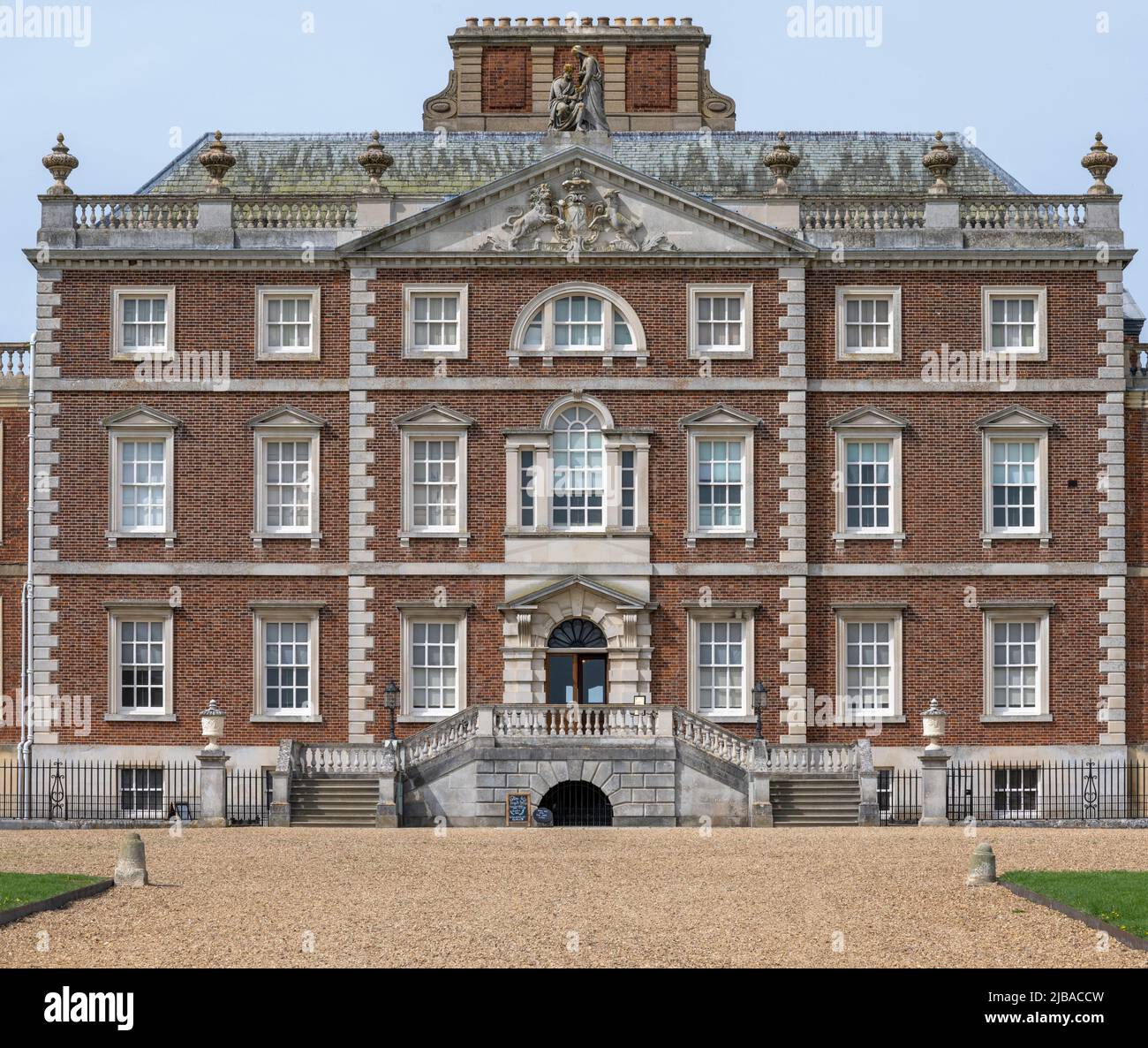 Wimpole Hall, Cambridgeshire, England, UK - view of the main entrance in the central block of the south front. Stock Photo