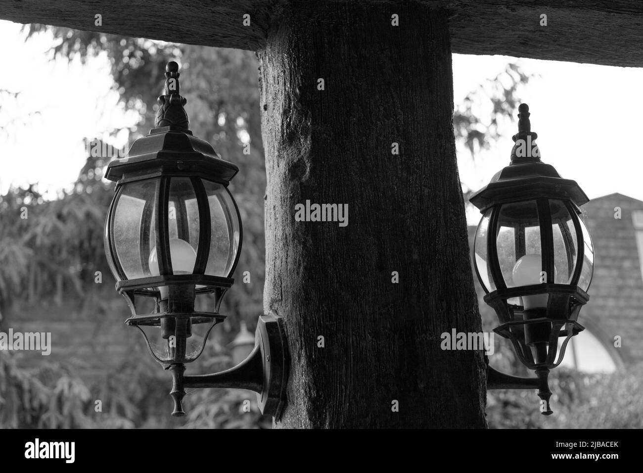Old style metallic lanterns attached to wooden pillar, with trees in the background, black and white Stock Photo