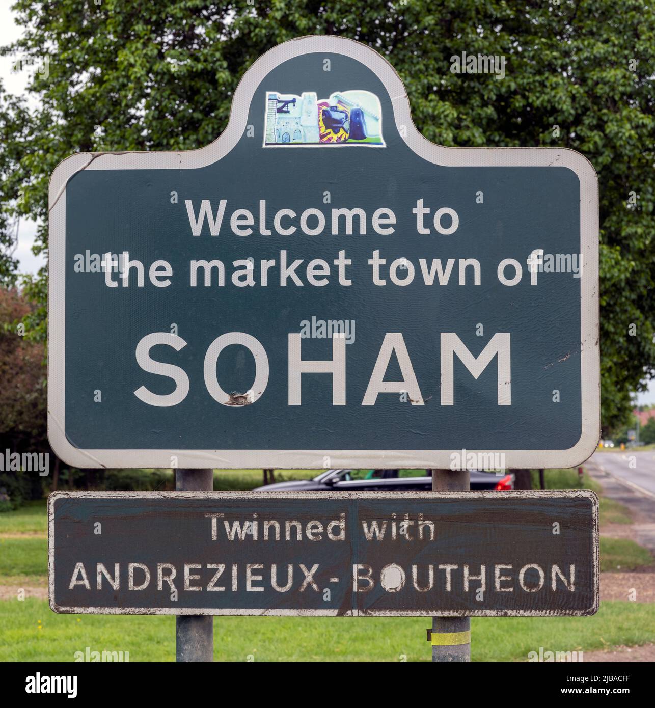 Welcome to Soham sign, Soham, East Cambridgeshire, Cambridgeshire, England, UK Stock Photo
