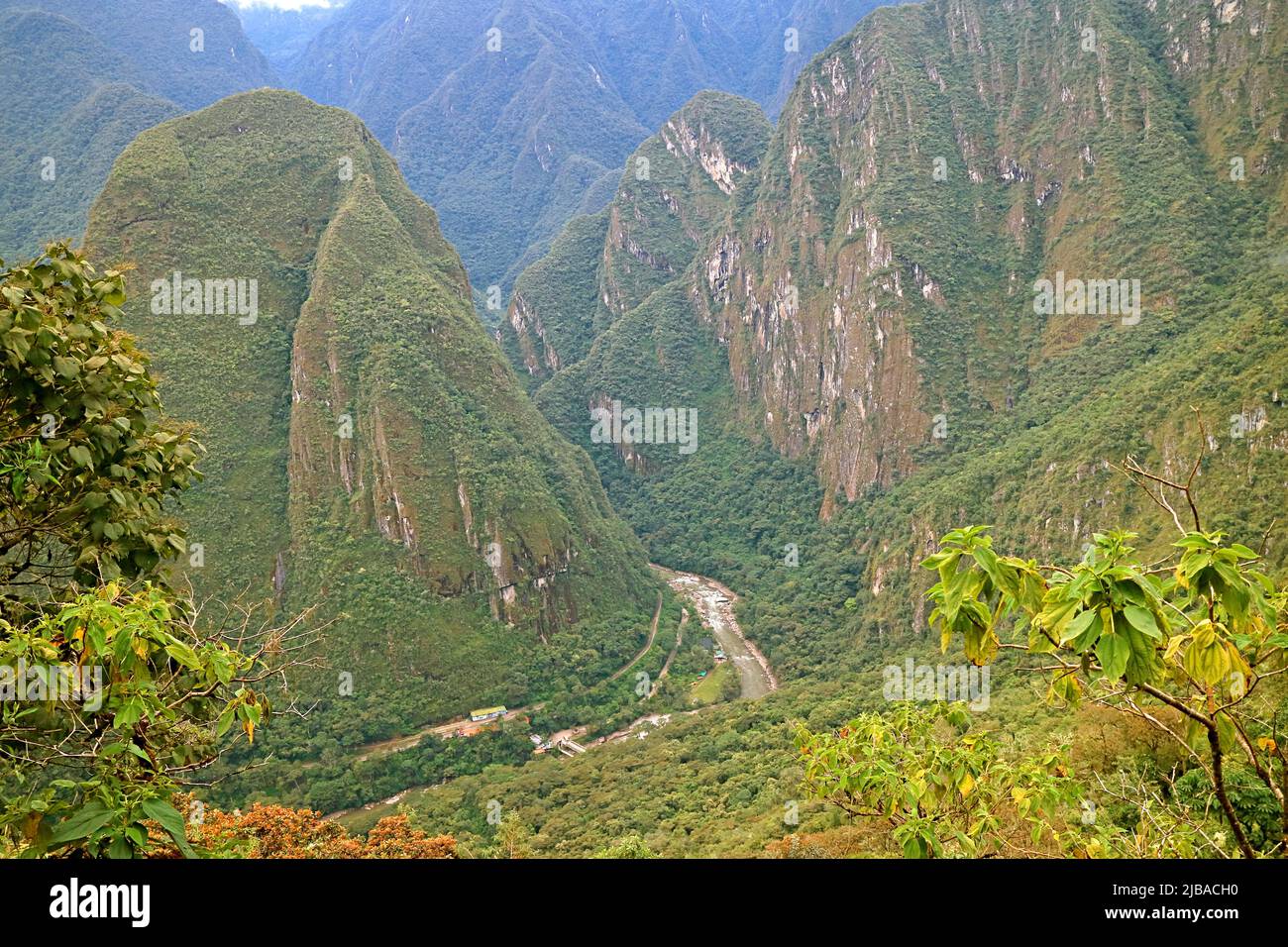 Incredible Aerial View of Aguas Calientes Town and Urubamba River as Seen from Mt. Huayna Picchu, Machu Picchu, Cusco Region of Peru Stock Photo