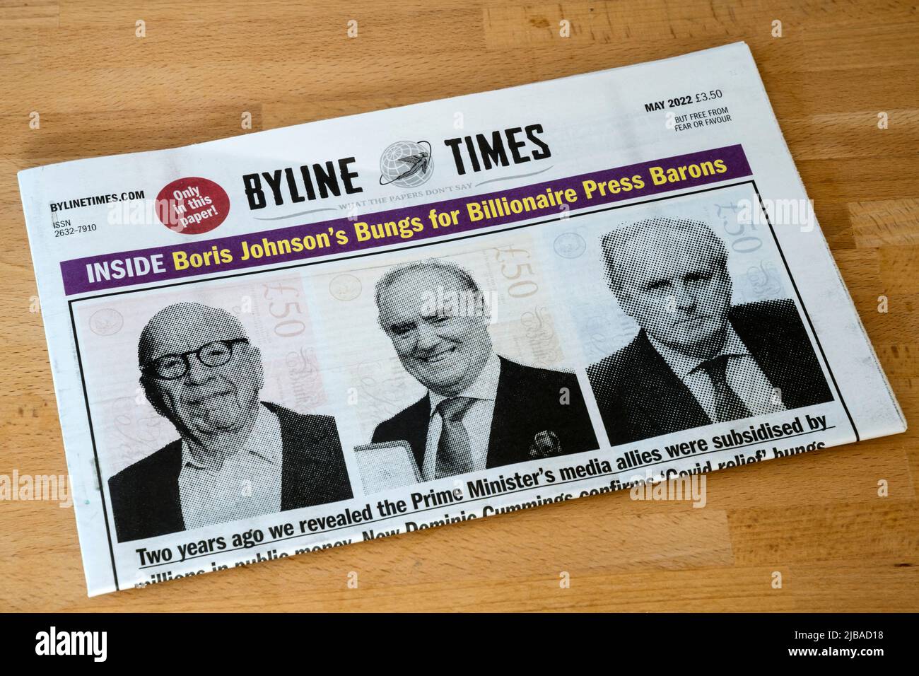 May 2022 copy of the Byline Times with the headline Boris Johnson's Bungs for Billionaire Press Barons. Stock Photo