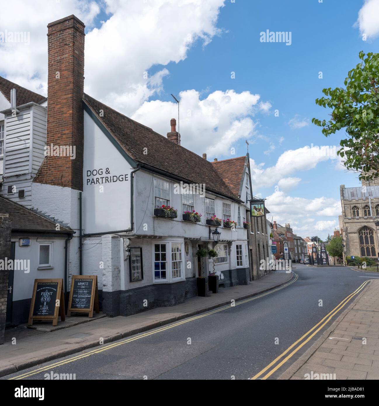 Dog and Partridge - a Greene King pub - Crown Street, Bury St Edmunds, Suffolk, England, UK Stock Photo