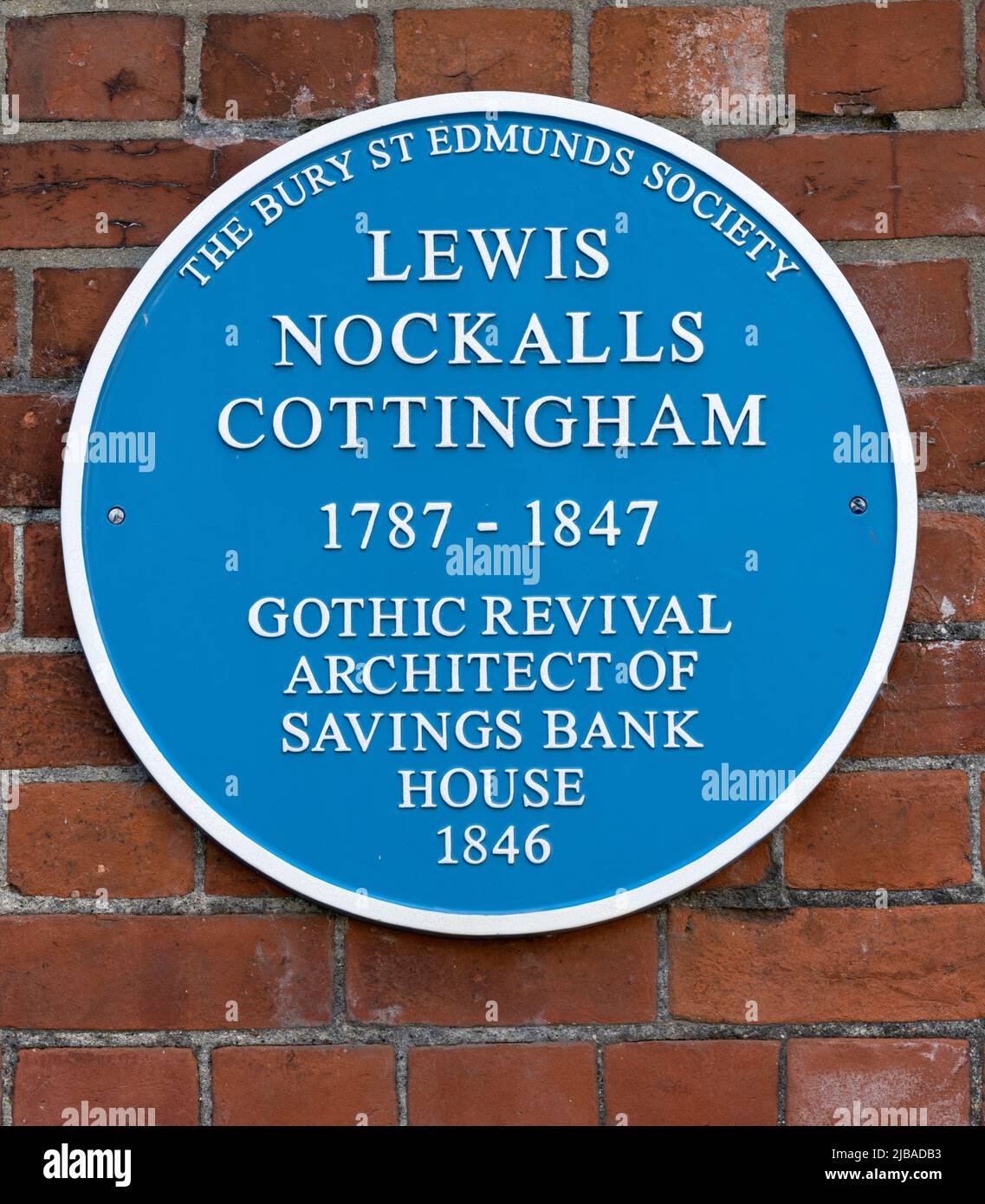 Blue plaque at Norman Tower celebrating Lewis Nockalls Cottingham an architect, Lewis Nockalls Cottingham , Suffolk, England, UK Stock Photo
