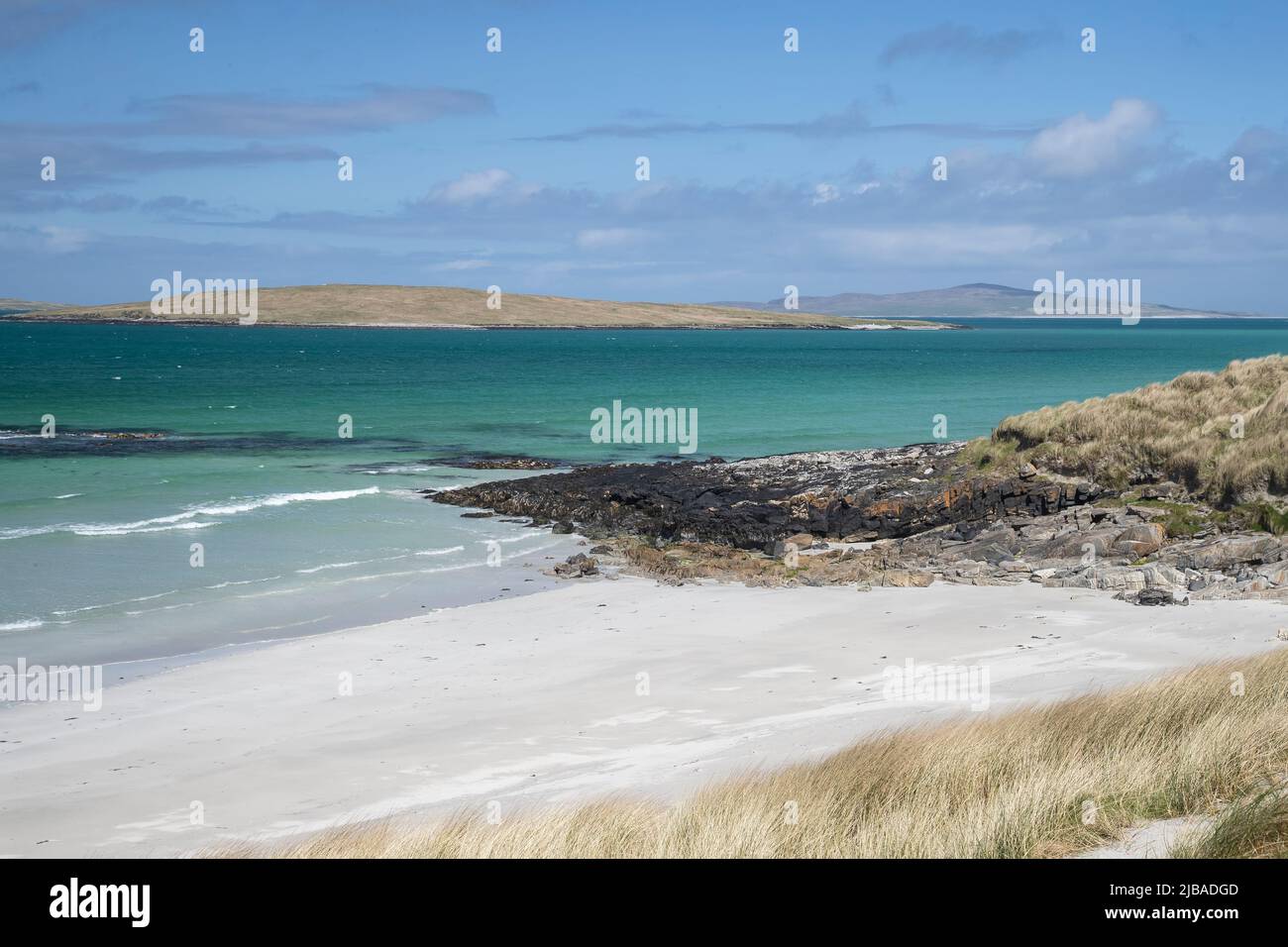 The sand dunes, white sands and aqua sea colours at Clachan Sands on North Uist, Outer Hebrides, Scotland Stock Photo
