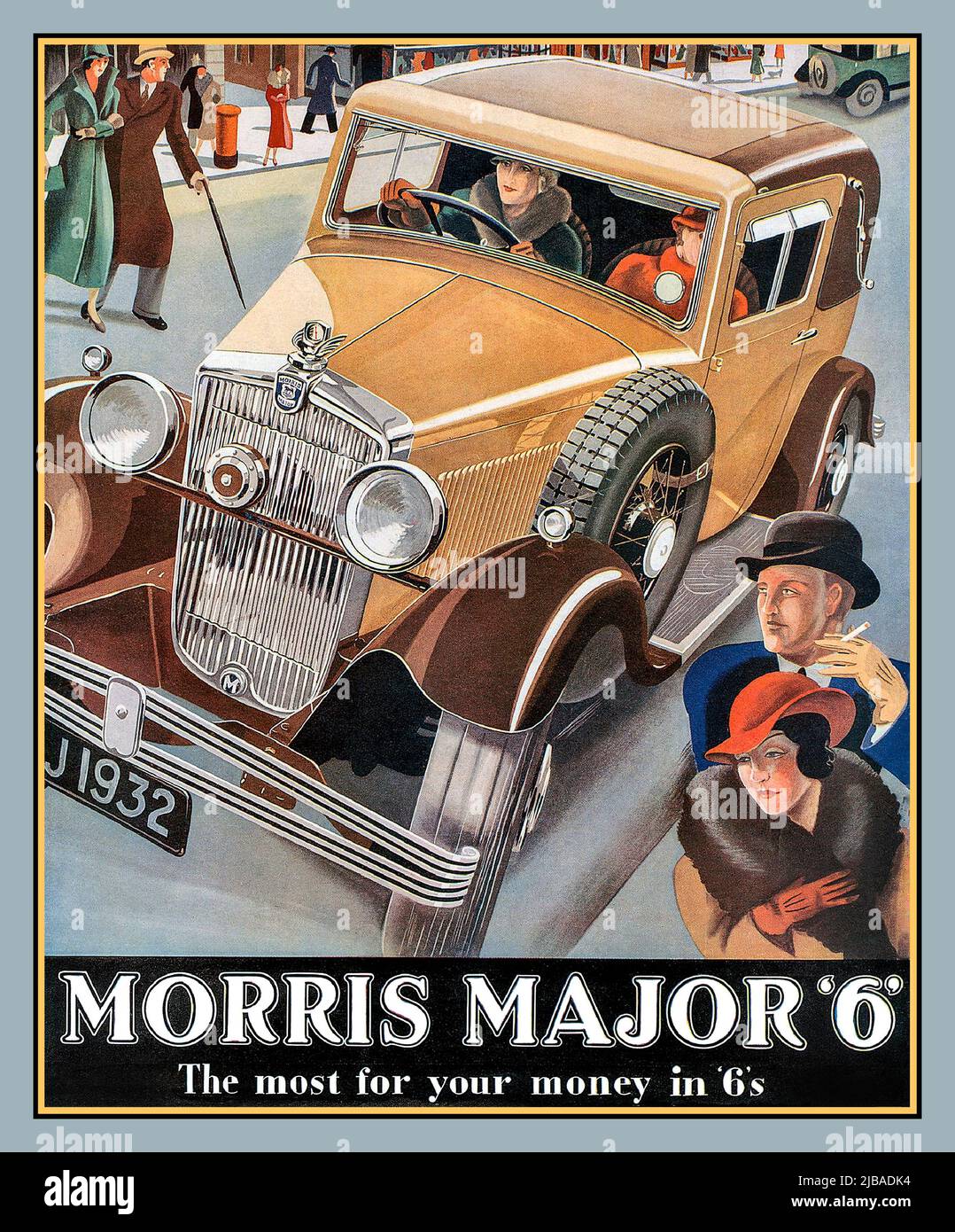 MORRIS 1930s British Motorcar Vintage 1932 Press Advertisement Poster for the British Morris Major 6 two door 'The most for your money in 6s '1932 Vintage Car Poster Morris Major 6 'The most for your money in 6s' British made Morris 2 door coupe motocar. Stock Photo