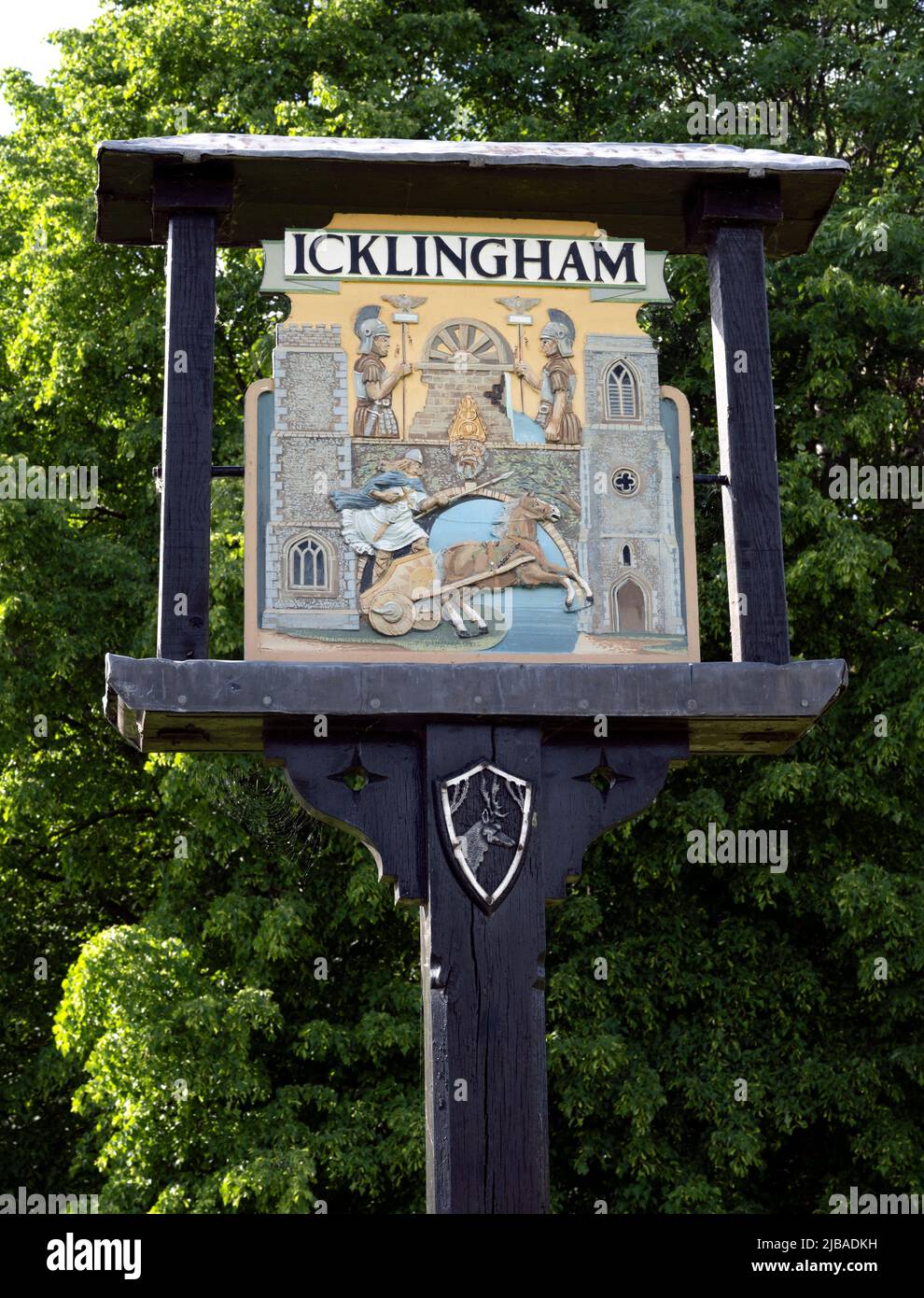 Village name sign for Icklingham, West Suffolk, Suffolk, England, UK Stock Photo