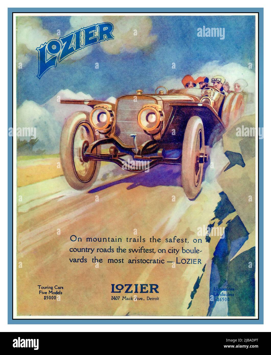 LOZIER Vintage 1900s Poster Advertisement for Lozier an American luxury open tourer motorcar from $5000 Mack Avenue Detroit USA Loziers were luxury cars and for a time were the most expensive cars produced in the United States. The 1910 model line featured cars priced between $4,600 and $7,750, (equivalent to $253,425 in 2023). The company was moved to Detroit in 1910. In 1911, a Lozier was entered into the first running of the Indianapolis 500. Stock Photo