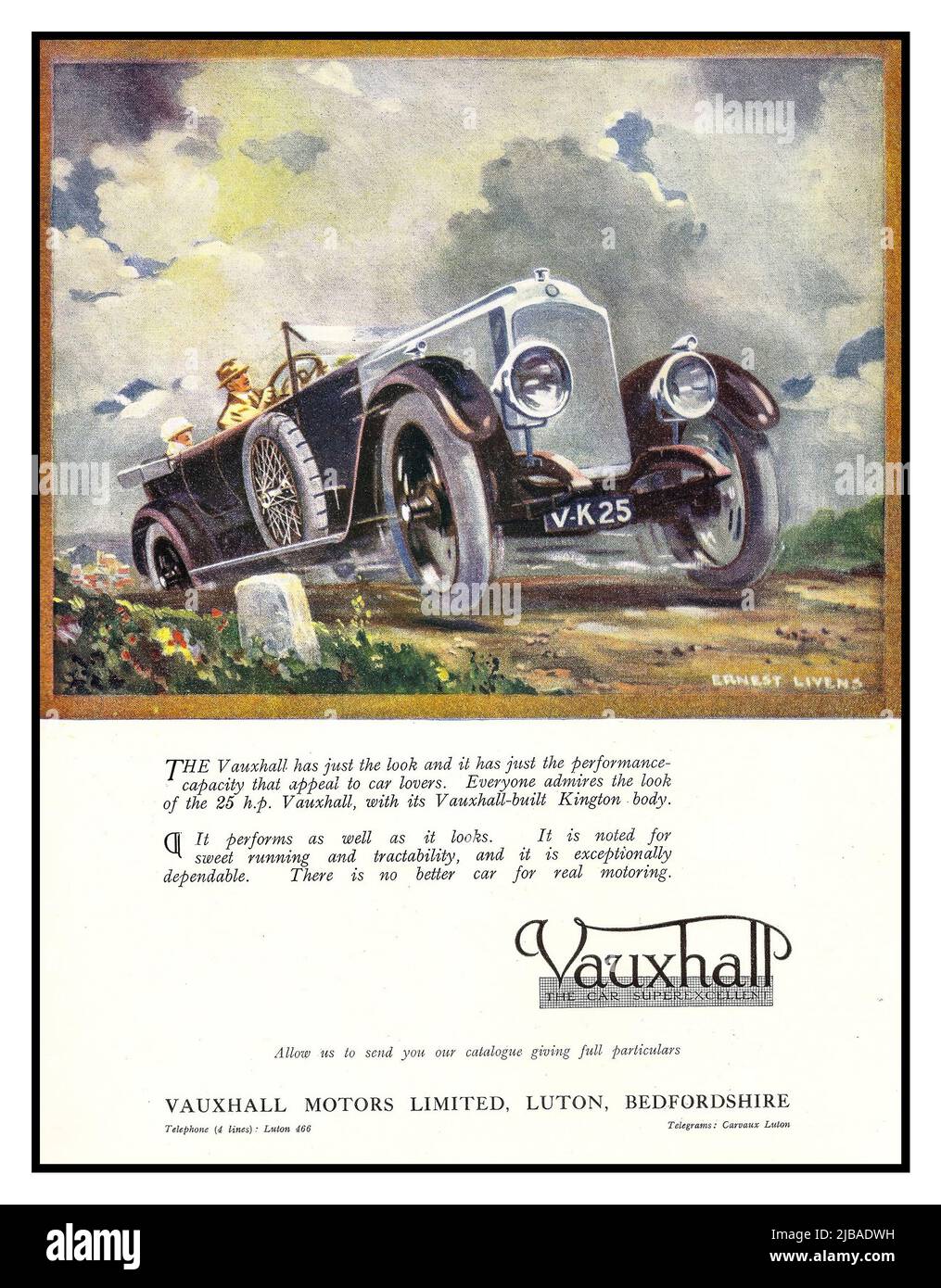 1920 Vauxhall 25 HP Convertible Kington Body Motorcar British Press Advertisement Vauxhall Motors Limited UK by artist Ernest Livens Stock Photo