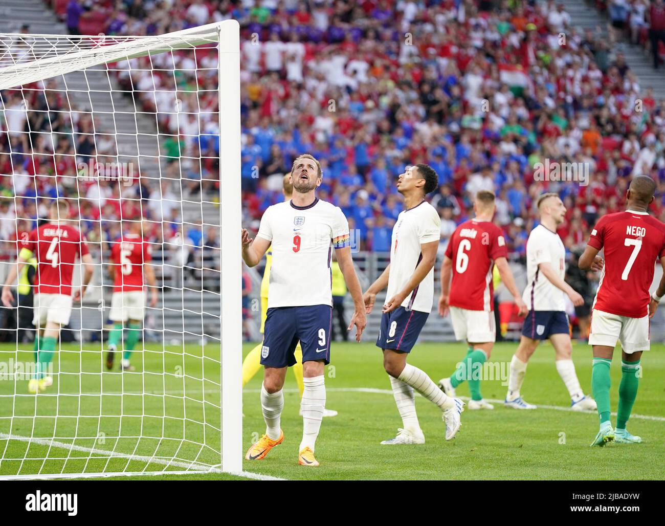 England's Harry Kane and Jude Bellingham react during the UEFA Nations League match at the Puskas Arena, Budapest. Picture date: Saturday June 4, 2022. Stock Photo