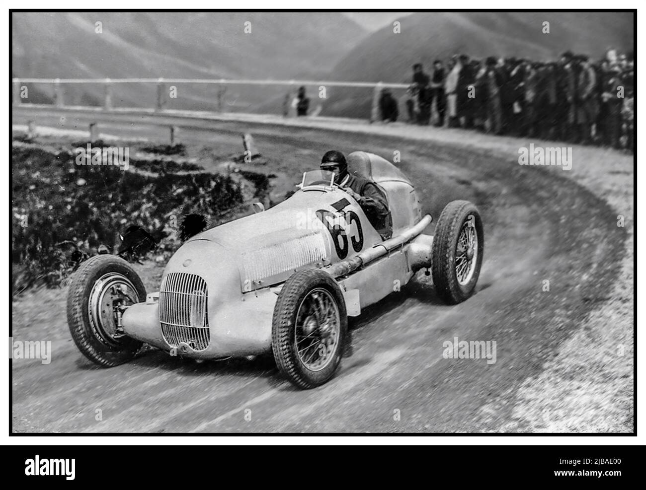 CARACCIOLA MERCEDES WINNER KLAUSEN HILL CLIMB 1934  Vintage 1930s Mercedes Silver Arrow 1934 1934, Rudolf Caracciola driving the Mercedes-Benz W25 to victory in 1934 W25 car number 65 Klausen Hill Climb Rudolf Caracciola’s record-breaking time of 15:22.20 minutes, Stock Photo