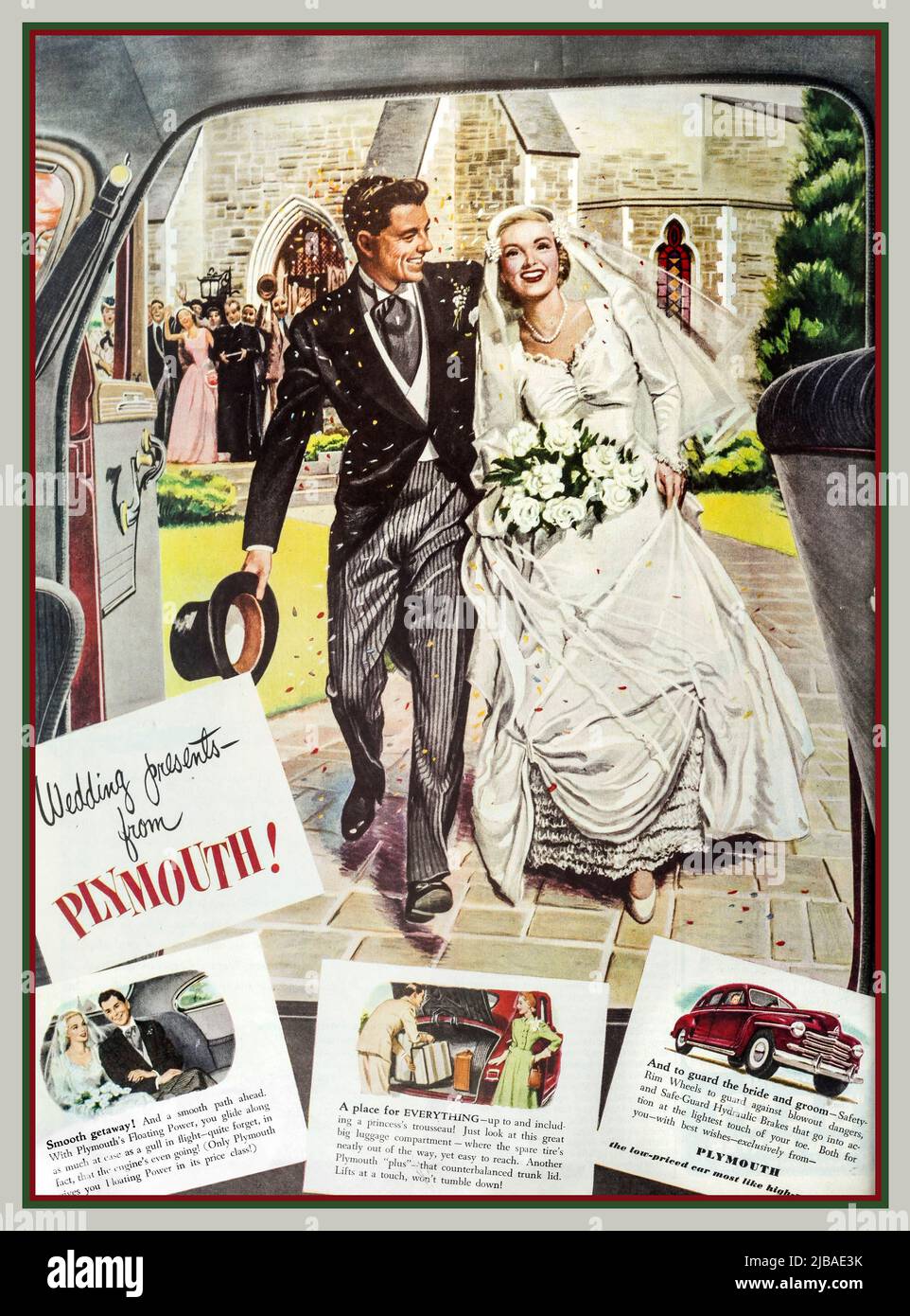 PLYMOUTH American car press advertisement. 1948 Post war traditional wedding with 'Wedding presents from Plymouth', 1948 Car press advertisement featuring recenly married couple and presents from Plymouth ad line 'Ladies Home Journal' press advertisement Illustration America USA 1940s Stock Photo
