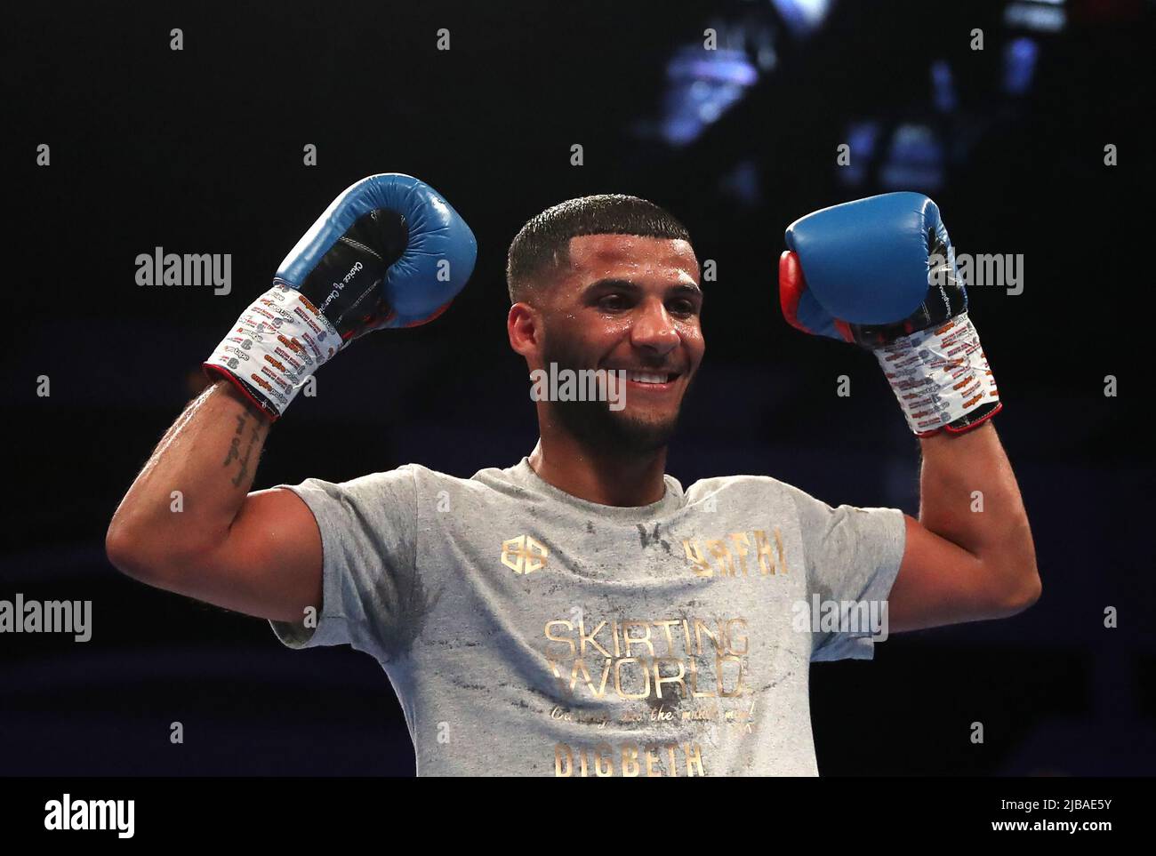 Gamal Yafai celebrates victory against Sean Cairns (not pictured) in the super light weight bout at the Motorpoint Arena Cardiff. Picture date: Saturday June 4, 2022. Stock Photo