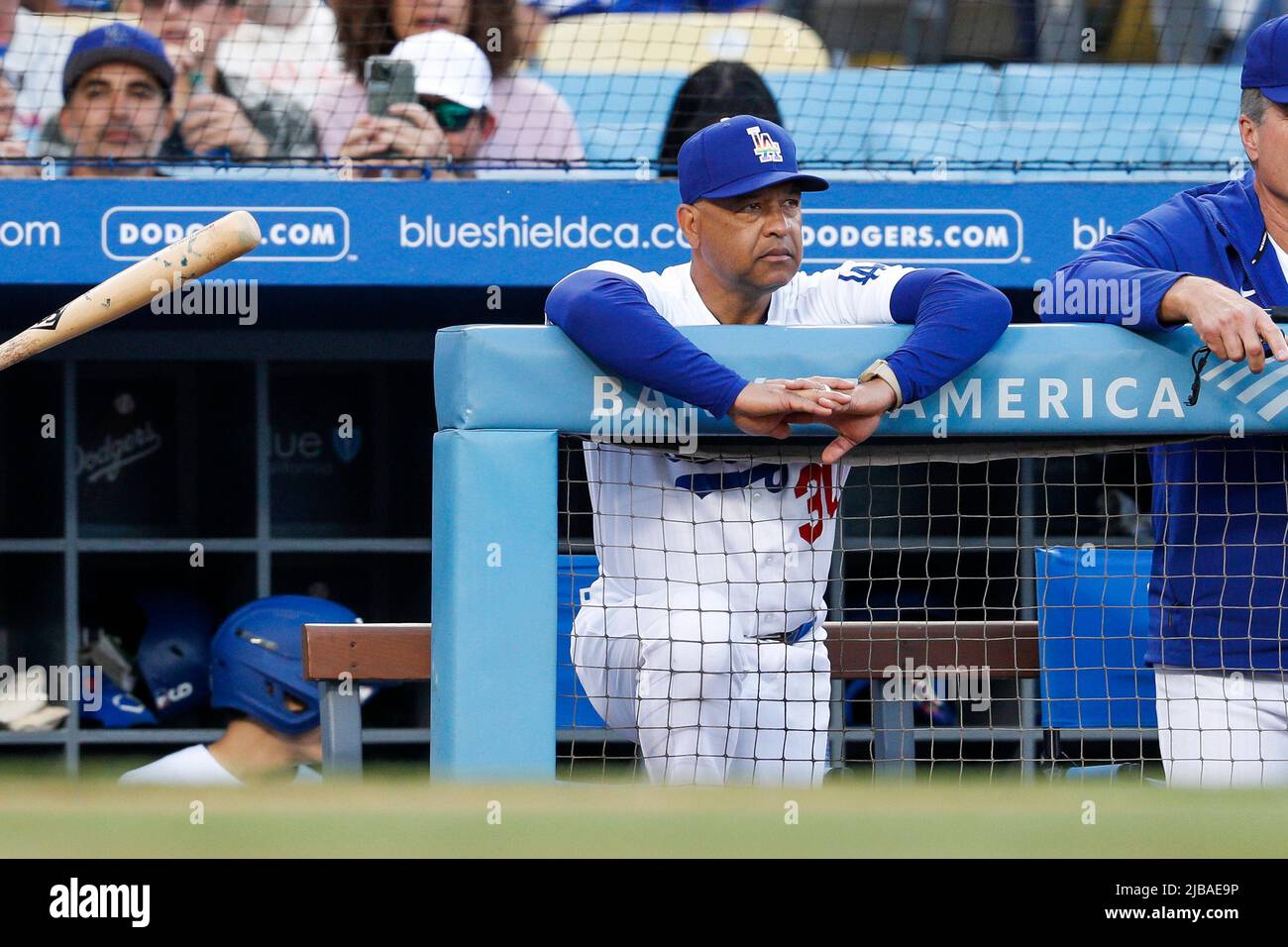 Los Angeles, United States. 05th Apr, 2022. Los Angeles Dodgers manager  Dave Roberts is fired up in the dugout before a MLB spring training  baseball game against the Los Angeles Angels, Tuesday