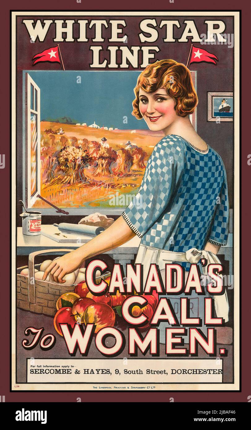 Vintage Travel Poster White Star Line, Canada's Call to Women. Poster from a British shipping company inviting women to move to the Canadian Prairies / White Star Line, Canada Date : 1920-1930 Stock Photo