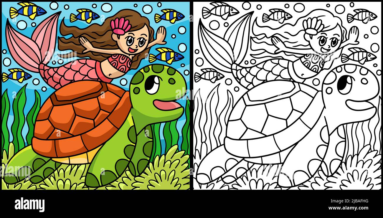 Mermaid And Turtle Coloring Page Illustration Stock Vector Image & Art ...