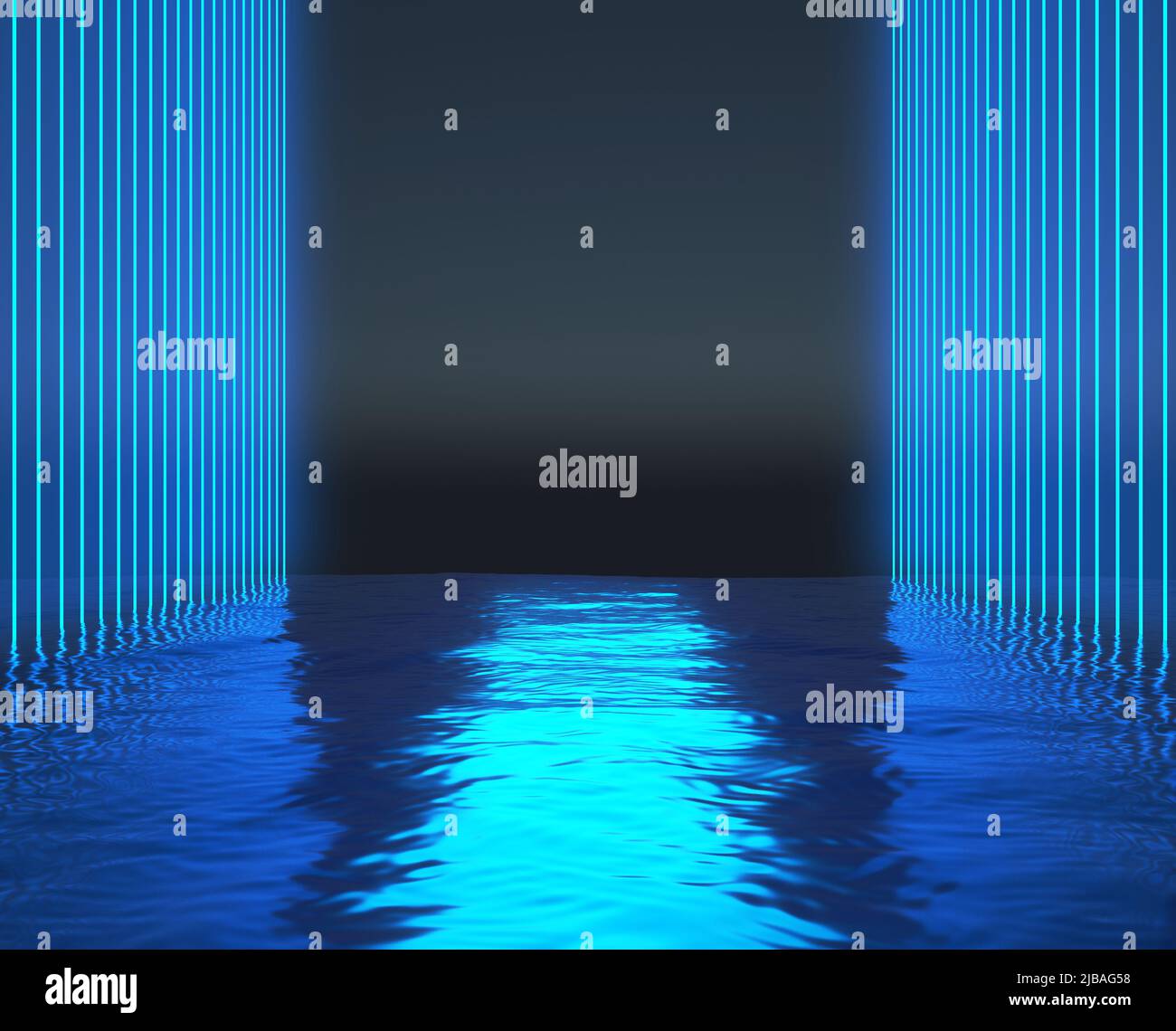 corridor of blue neon lines over the water. 3d rendering Stock Photo ...