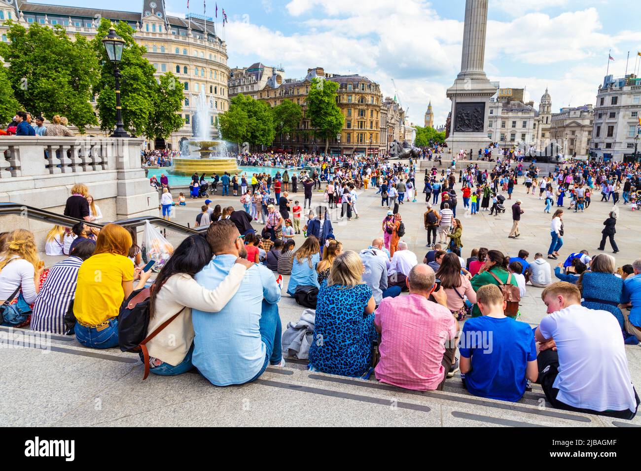 2 June 2022 - Crowds gathered in Trafalgar Square during Queen's Platinum Jubilee Weekend celebrations, London, UK Stock Photo