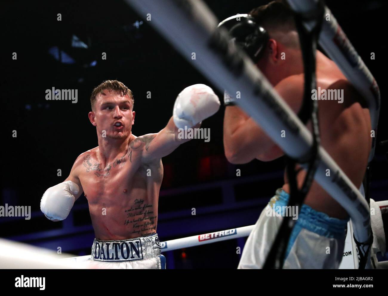 Dalton Smith (left) and Mauro Perouene in the World Boxing Council International Silver Super Light Title at the Motorpoint Arena Cardiff. Picture date: Saturday June 4, 2022. Stock Photo