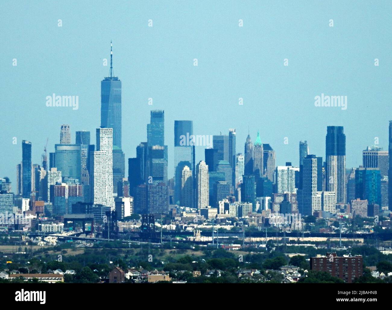 View of New York City's Manhattan skyline from Eagle Rock Reservation in Montclair, NJ, with some atmospheric distortion caused by the distance -02 Stock Photo
