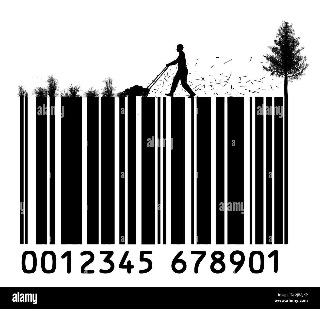 A man mows grass off the top of a bar code that represents the high cost and rising cost of lawn care in a 3 d illustration Stock Photo Alamy