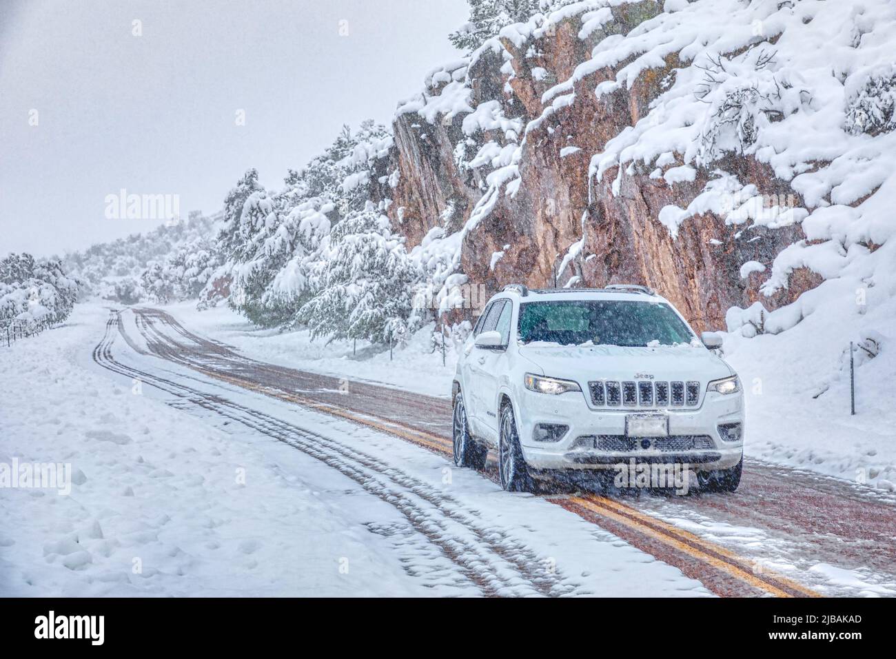 Jeep driving the Phantom Canyon Road in winter Stock Photo Alamy