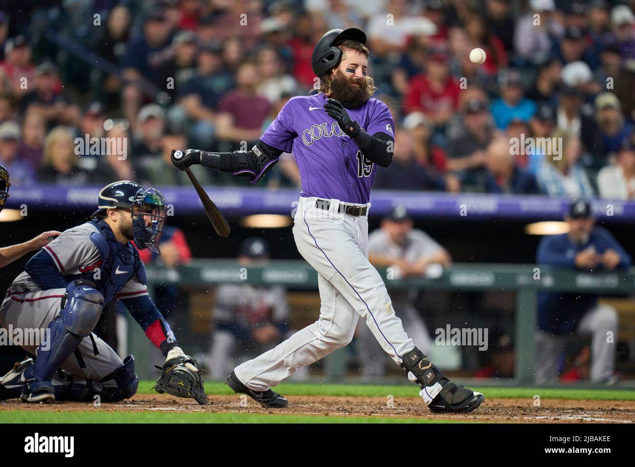 June 3 2022: Colorado designated hitter Charlie Blackmon (19) could ball  hits his helmet and knocks it off during the game with Atlanta Braves and  Colorado Rockies held at Coors Field in