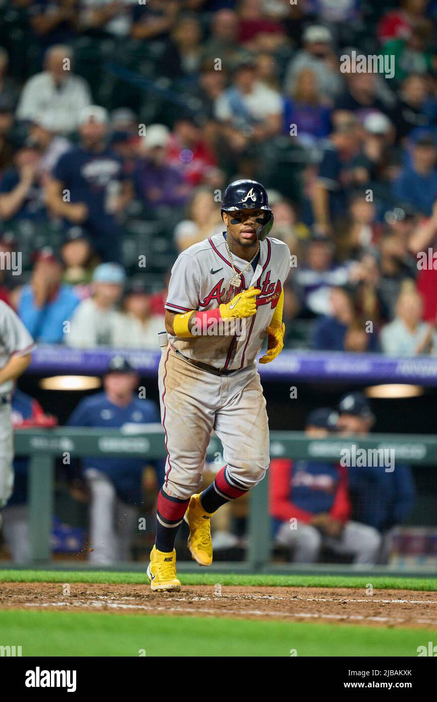 Denver CO, USA. 3rd June, 2022. Atlanta right fielder Ronald Acuna Jr. (13)  draws a walk during the game with Atlanta Braves and Colorado Rockies held  at Coors Field in Denver Co.