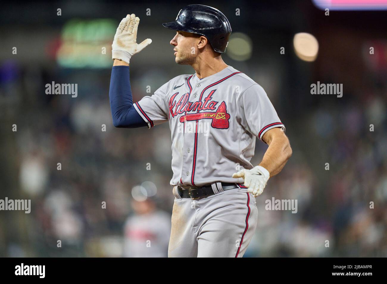 Denver CO, USA. 3rd June, 2022. Atlanta first baseman Matt Olsen (28)  drives in runs int he 10 th inning during the game with Atlanta Braves and  Colorado Rockies held at Coors