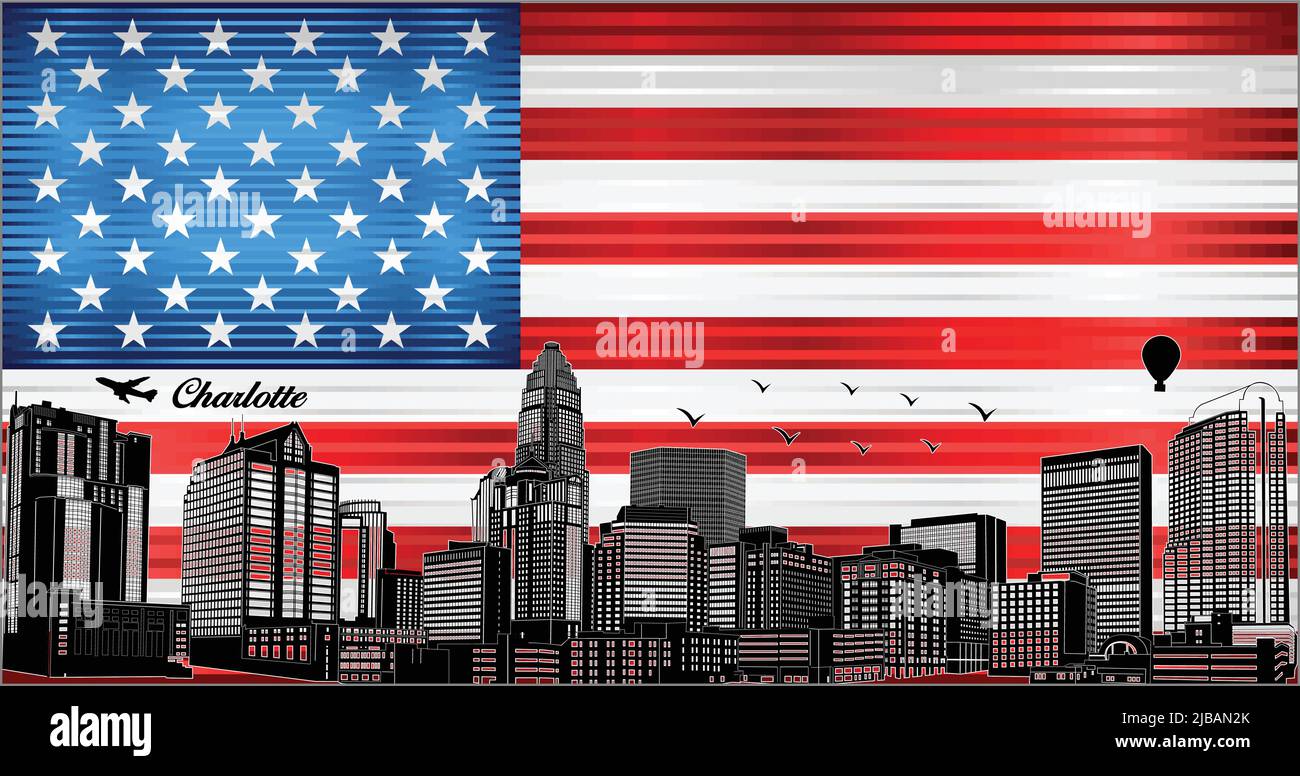 Charlotte city skyline with flag of USA on background - illustration,  Shiny Grunge flag of the USA Stock Vector