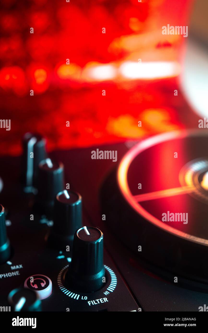 Dj turntables in electronic music house disco party lights