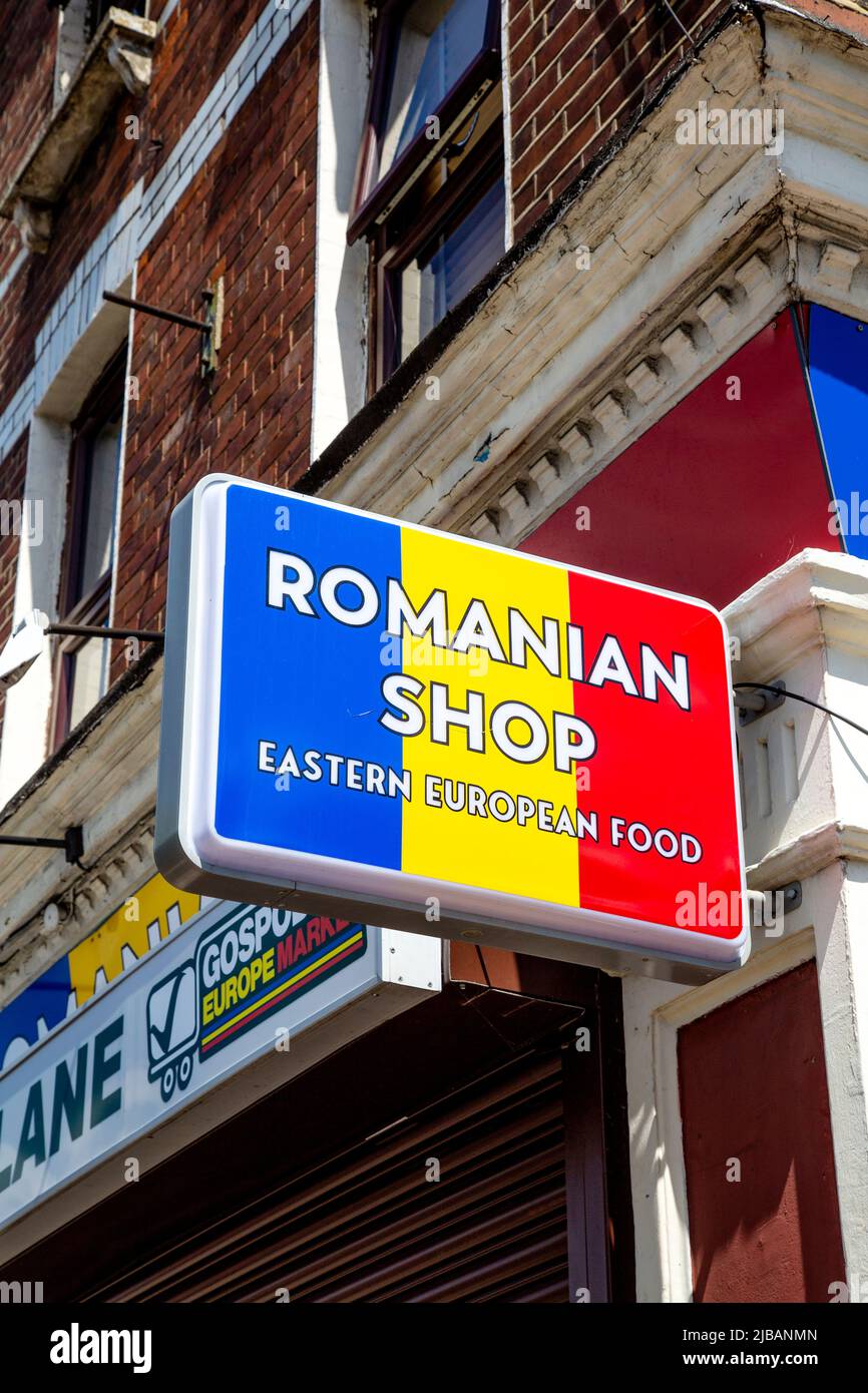 Sign for a Romanian Shop in Forest Gate, Newham, London, UK Stock Photo