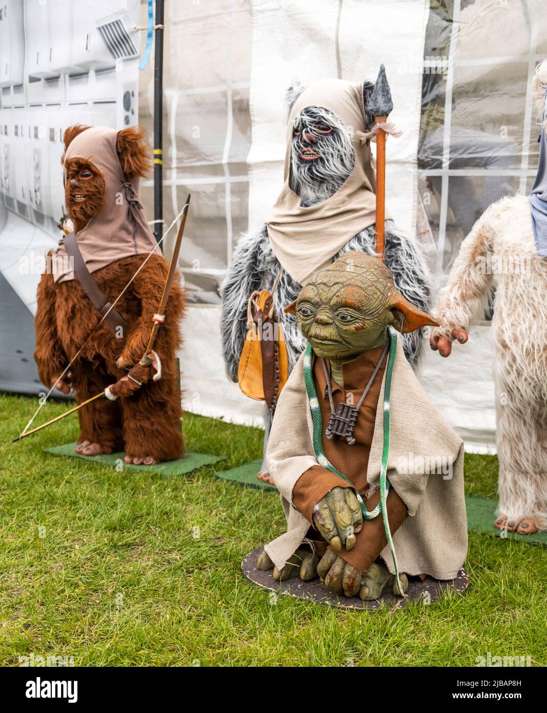 Great Yarmouth, Norfolk, UK – June 04 2022. A model of Yoda and Ewoks on display at the 2022 Comicon event Stock Photo