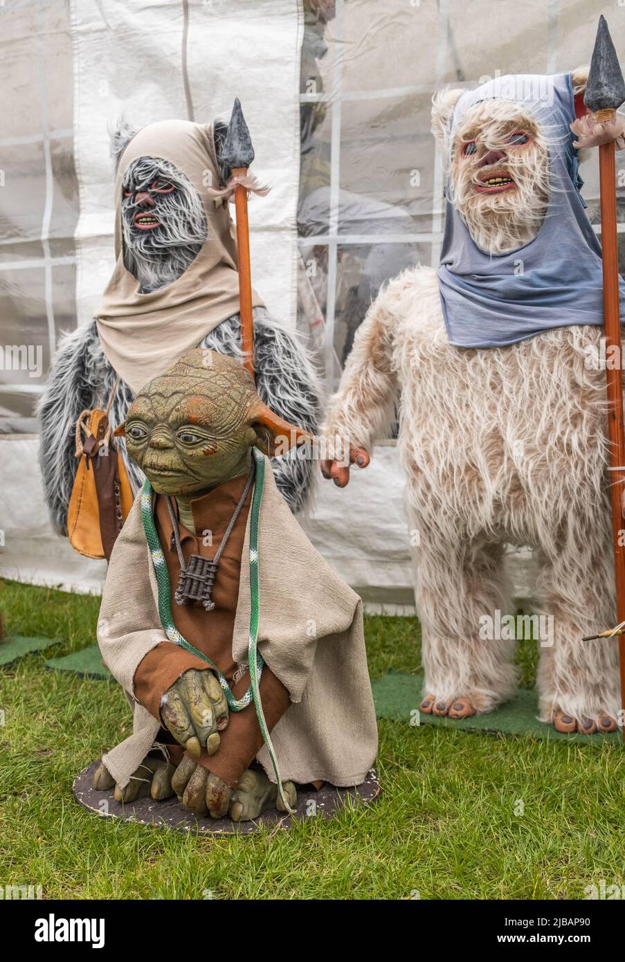 Great Yarmouth, Norfolk, UK – June 04 2022. A model of Yoda and Ewoks on display at the 2022 Comicon event Stock Photo