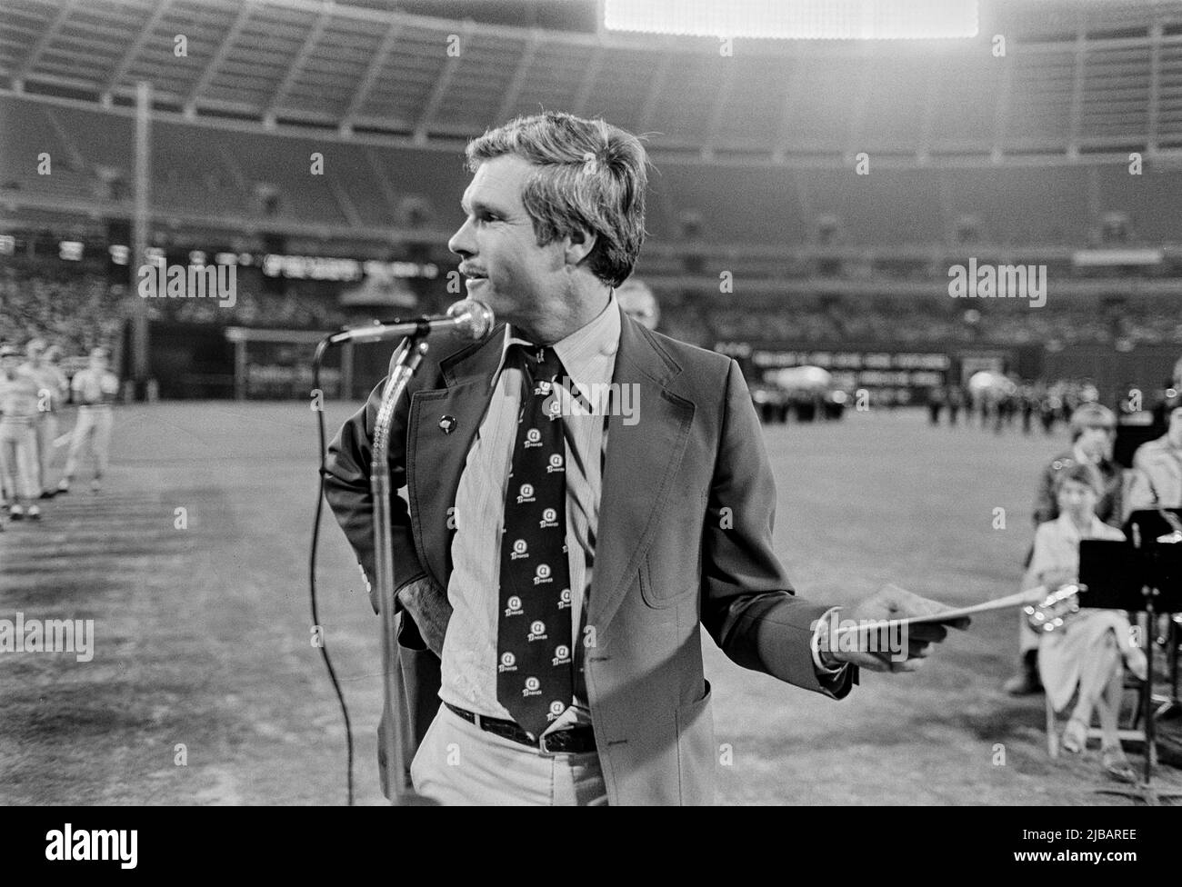 Wealthy cable television magnate and (later) CNN founder Ted Turner appears on the baseball field at Atlanta-Fulton County stadium with Atlanta Braves manager Dave Bristol after buying the Braves in 1976. Stock Photo