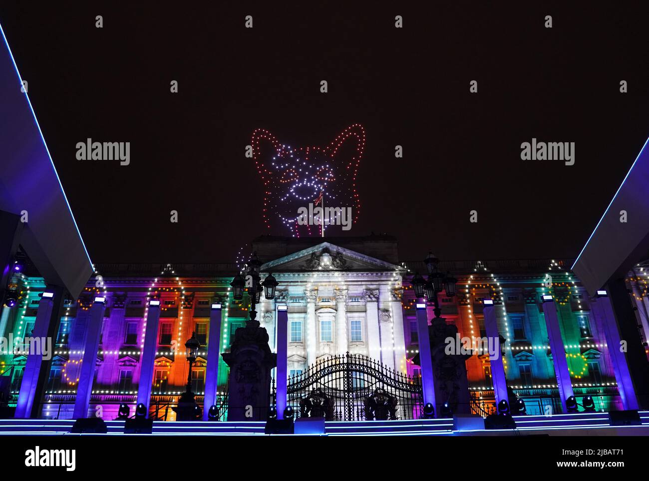 Drone show displaying a corgi during the Platinum Party at the Palace  staged in front of Buckingham Palace, London, on day three of the Platinum  Jubilee celebrations for Queen Elizabeth II. Picture